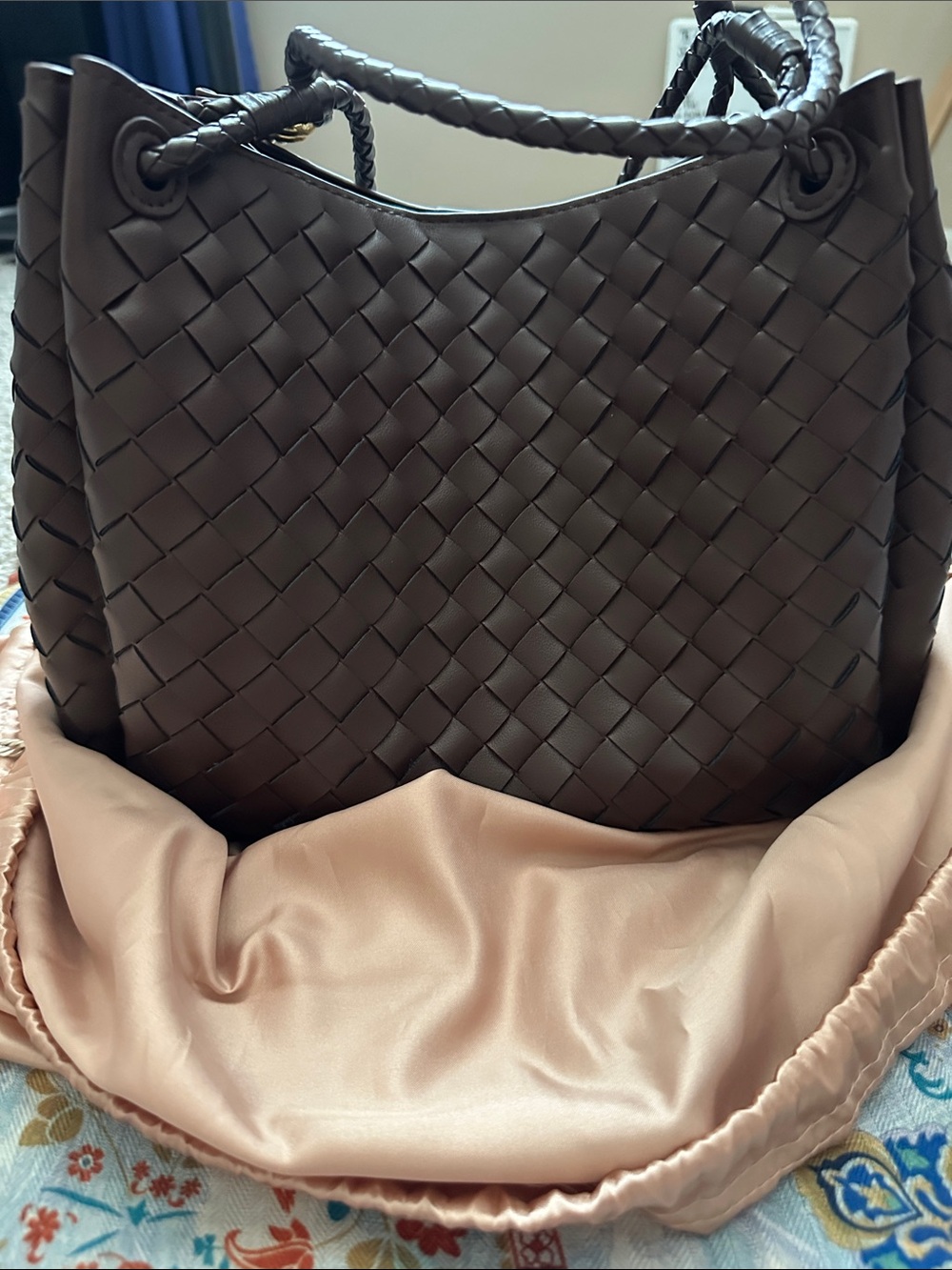Woven Leather Tote Bag in Dark Brown